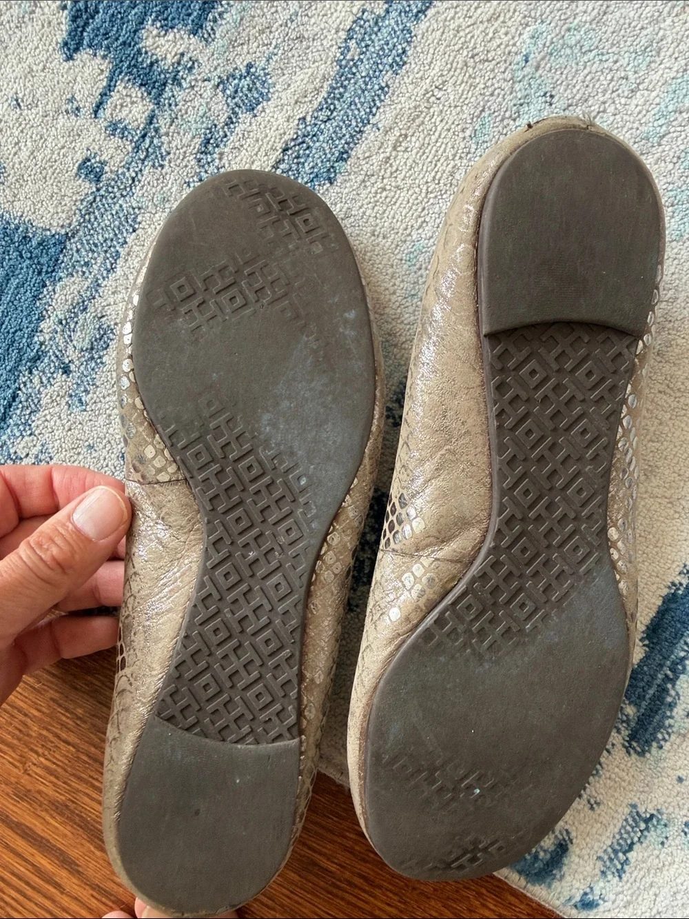 Tory Burch Metallic Taupe Logo Ballet Flats